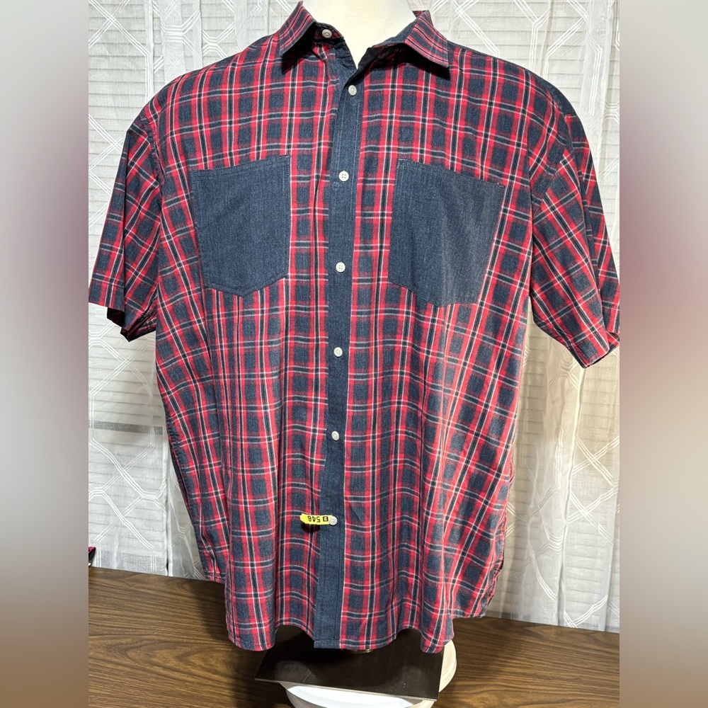SEAN JOHN 3XB Red&Blue Plaid casual short sleeve shirt 34”L25”p2p Denim trim